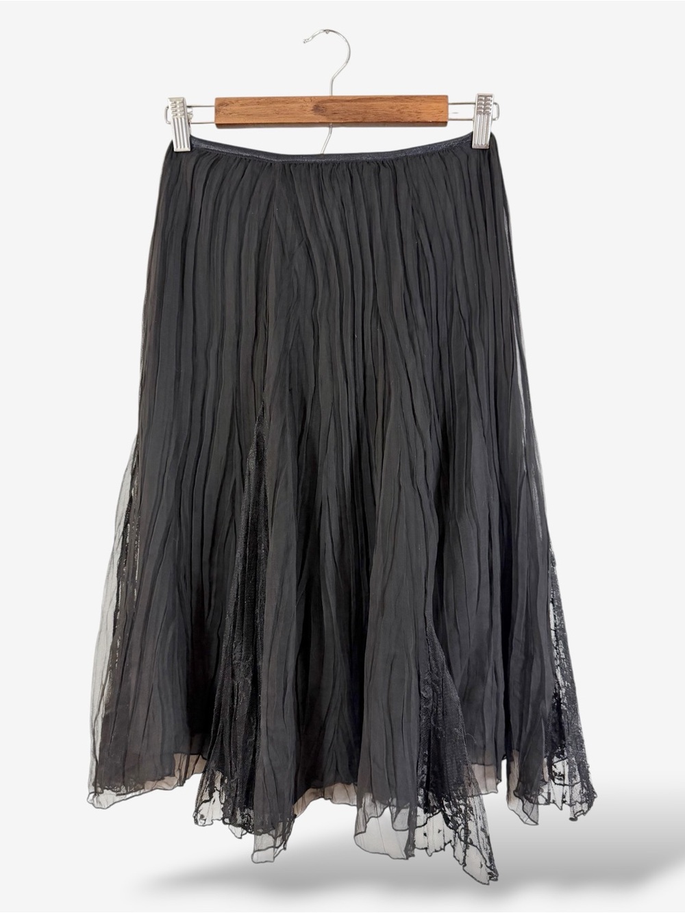 Komarov Black Midi Skirt Size S Pleated Lace Panel Dark Romance Goth Feminine